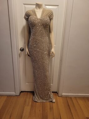 Beaded Evening Gown in Champagne - Elegant Formal Dress